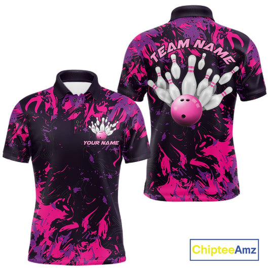 Custom Purple And Pink Camo Men Bowling League Shirt, Bowlers Jerseys Tournament Outfit IPHW10621