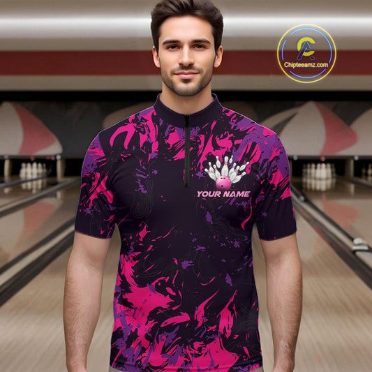 Custom Purple And Pink Camo Men Bowling League Shirt, Bowlers Jerseys Tournament Outfit IPHW10621