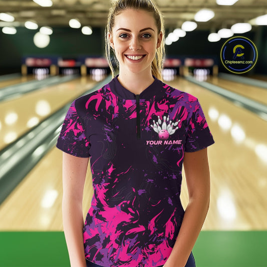 Custom Purple And Pink Camo Women Bowling League Shirt, Bowlers Jersey Tournament Outfit IPHW10621