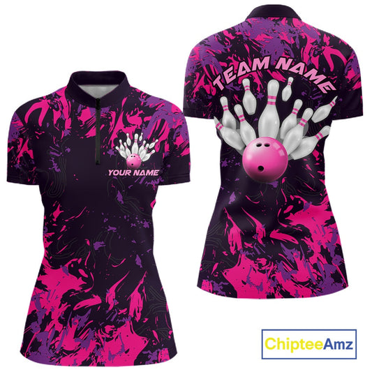 Custom Purple And Pink Camo Women Bowling League Shirt, Bowlers Jersey Tournament Outfit IPHW10621