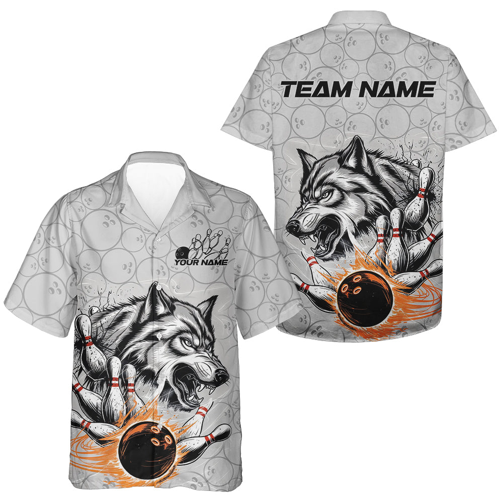 Custom Gray And Red Wolf Bowling Hawaiian Shirts For Men, Wolf Bowling Tournament Shirt IPHW8717