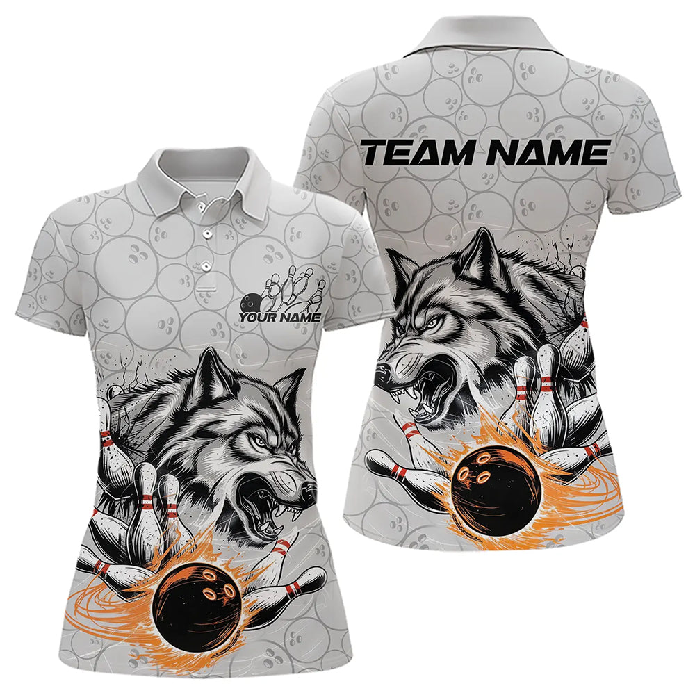 Custom Gray And Red Wolf Bowling Polo Shirts For Women, Wolf Bowling Tournament Shirt IPHW8717