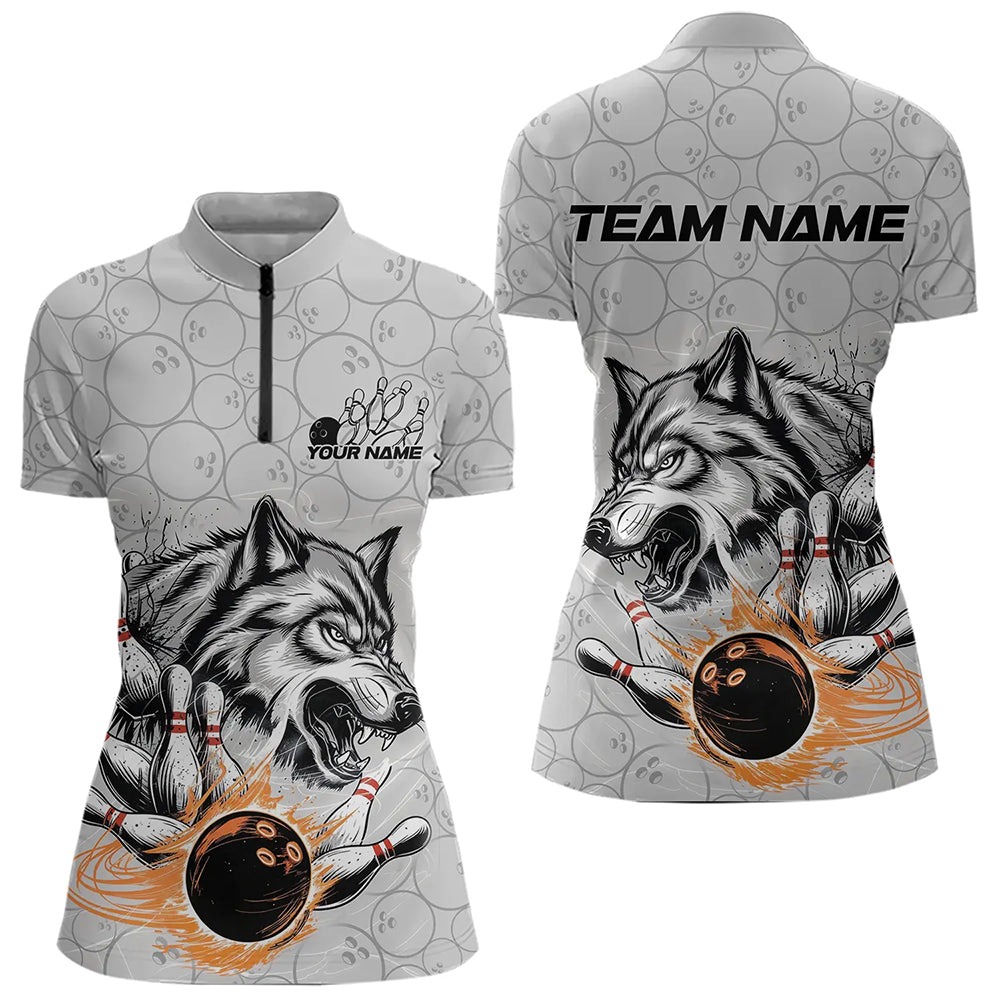 Custom Gray And Red Wolf Bowling Quarter-Zip Shirt For Women, Wolf Bowling Tournament Shirt IPHW8717