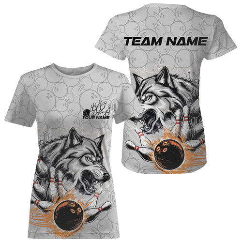 Custom Gray And Red Wolf Bowling T-Shirts For Women, Wolf Bowling Tournament IPHW8717