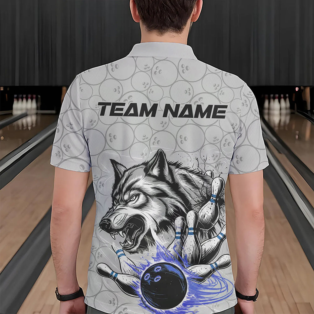 Custom Gray And Blue Wolf Bowling Polo Shirts For Men, Wolf Bowling Tournament Shirt IPHW8718