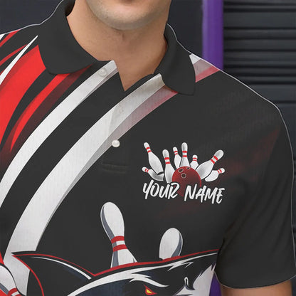 Custom Black And Red Shark Bowling Polo Shirts For Men,  Shark Bowling Team Jerseys IPHW8722