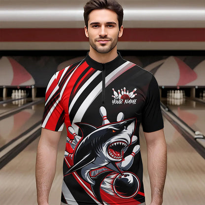 Custom Black And Red Shark Bowling Quarter-Zip Shirts For Men,  Shark Bowling Team Jerseys IPHW8722