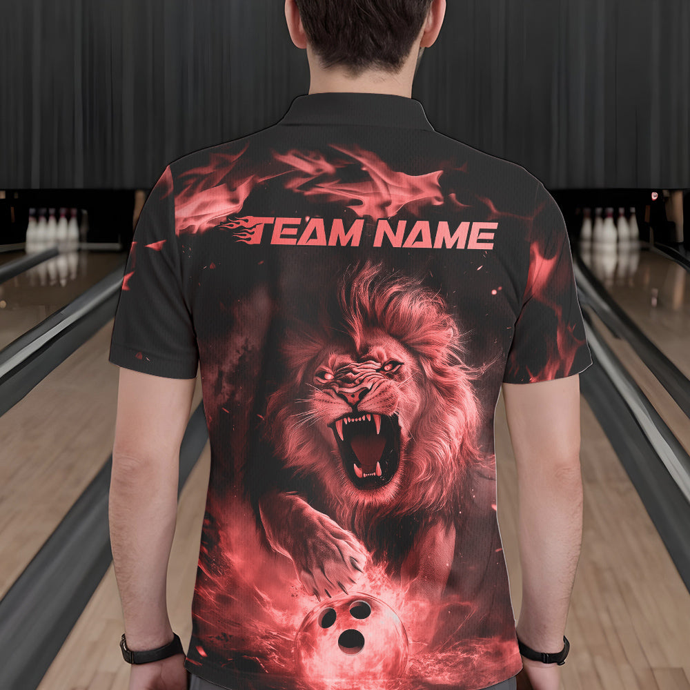 Custom Red Flame Lion Bowling Polo Shirts For Men, Bowling League Shirt Team Uniform IPHW8981