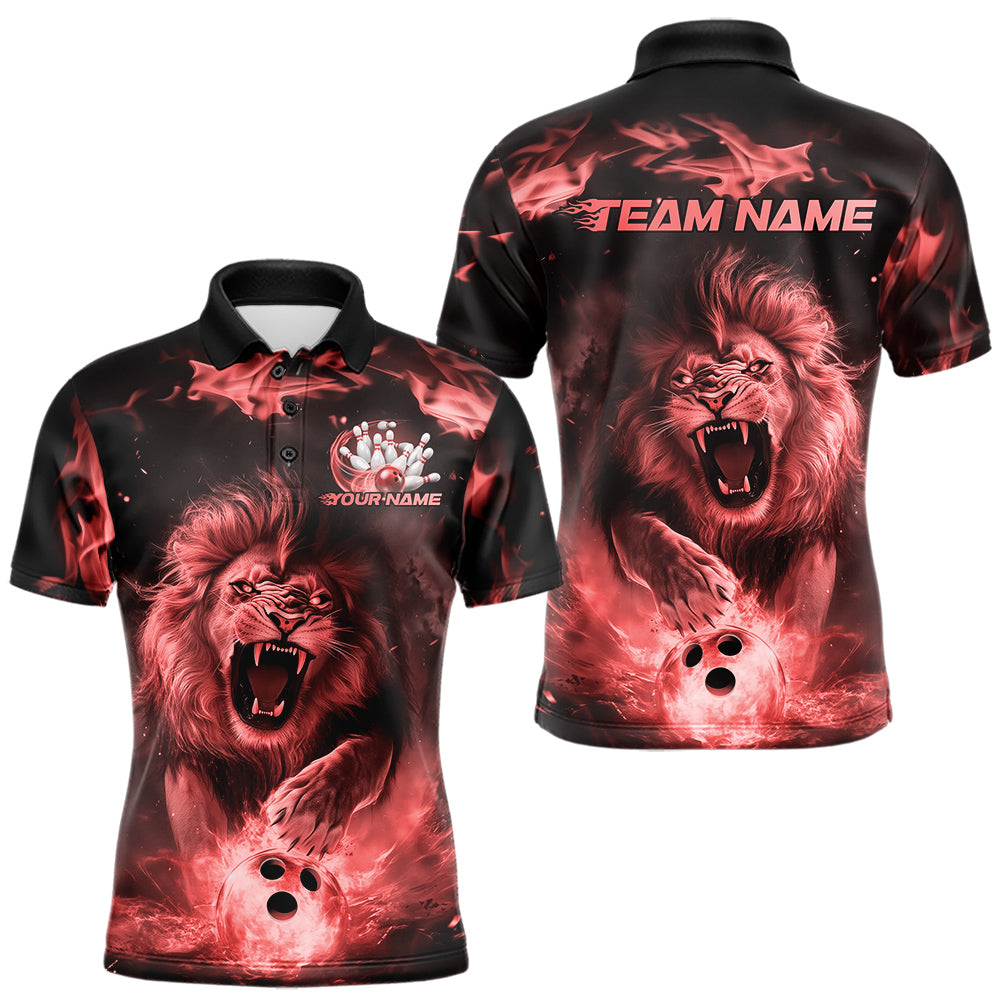Custom Red Flame Lion Bowling Polo Shirts For Men, Bowling League Shirt Team Uniform IPHW8981
