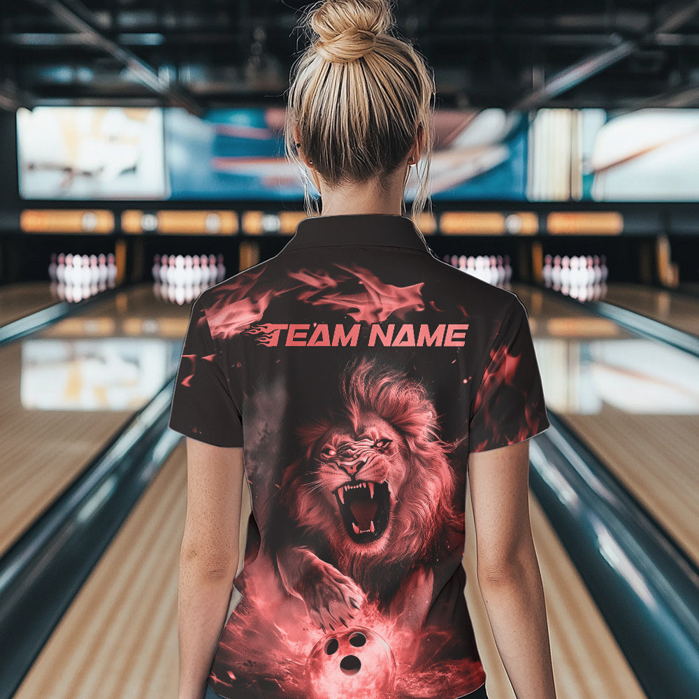 Custom Red Flame Lion Bowling Quarter-Zip Shirts For Women, Bowling Team Uniform IPHW8981