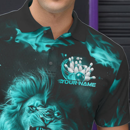 Custom Blue Flame Lion Bowling Polo Shirts For Men, Bowling League Shirt Team Uniform IPHW8982