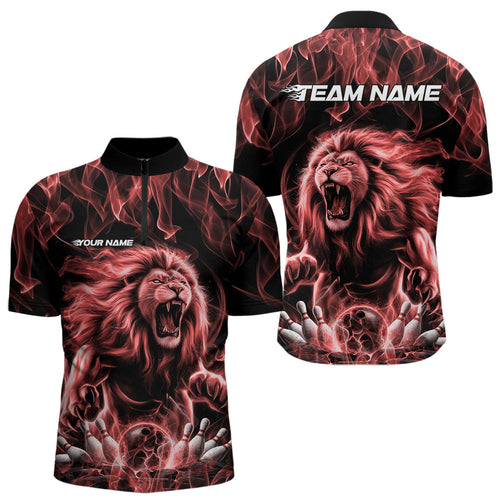 Custom Black And Red Flame Lion Bowling Men Quarter-Zip Shirts, Lion Bowling Team Uniform IPHW8983