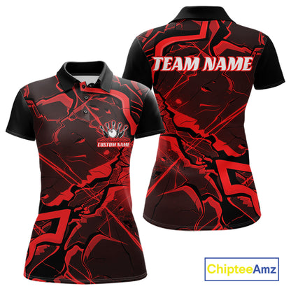 Front and back womens black and red bowling polo featuring a cracked geometric pattern with angular accents.