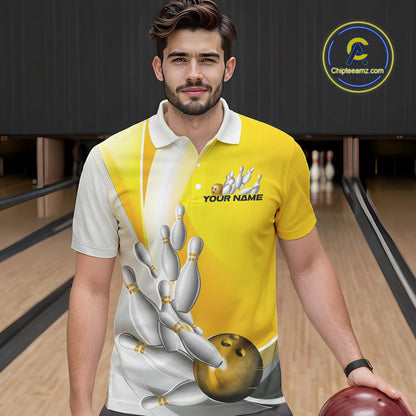 Custom Gold Bowling Polo Shirts For Men, Bowling Team Shirt Bowlers Outfit IPHW9230