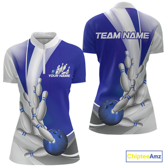 Custom Blue Bowling Quarter-Zip Shirts For Women, Bowling Team Shirt Bowlers Outfit IPHW9232