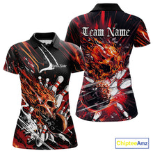 Load image into Gallery viewer, Custom Flame Skull Bowling Team Women Polo Shirts, Fire Halloween Bowler Outfit Uniform IPHW9583