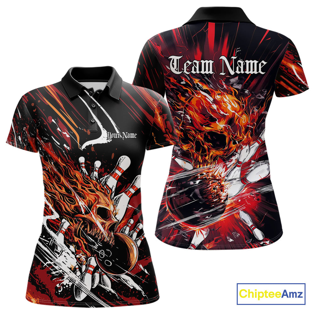 Custom Flame Skull Bowling Team Women Polo Shirts, Fire Halloween Bowler Outfit Uniform IPHW9583