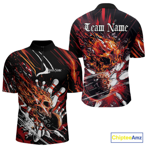 Custom Flame Skull Bowling Team Men Quarter-Zip Shirts, Fire Halloween Bowler Outfit Uniform IPHW9583