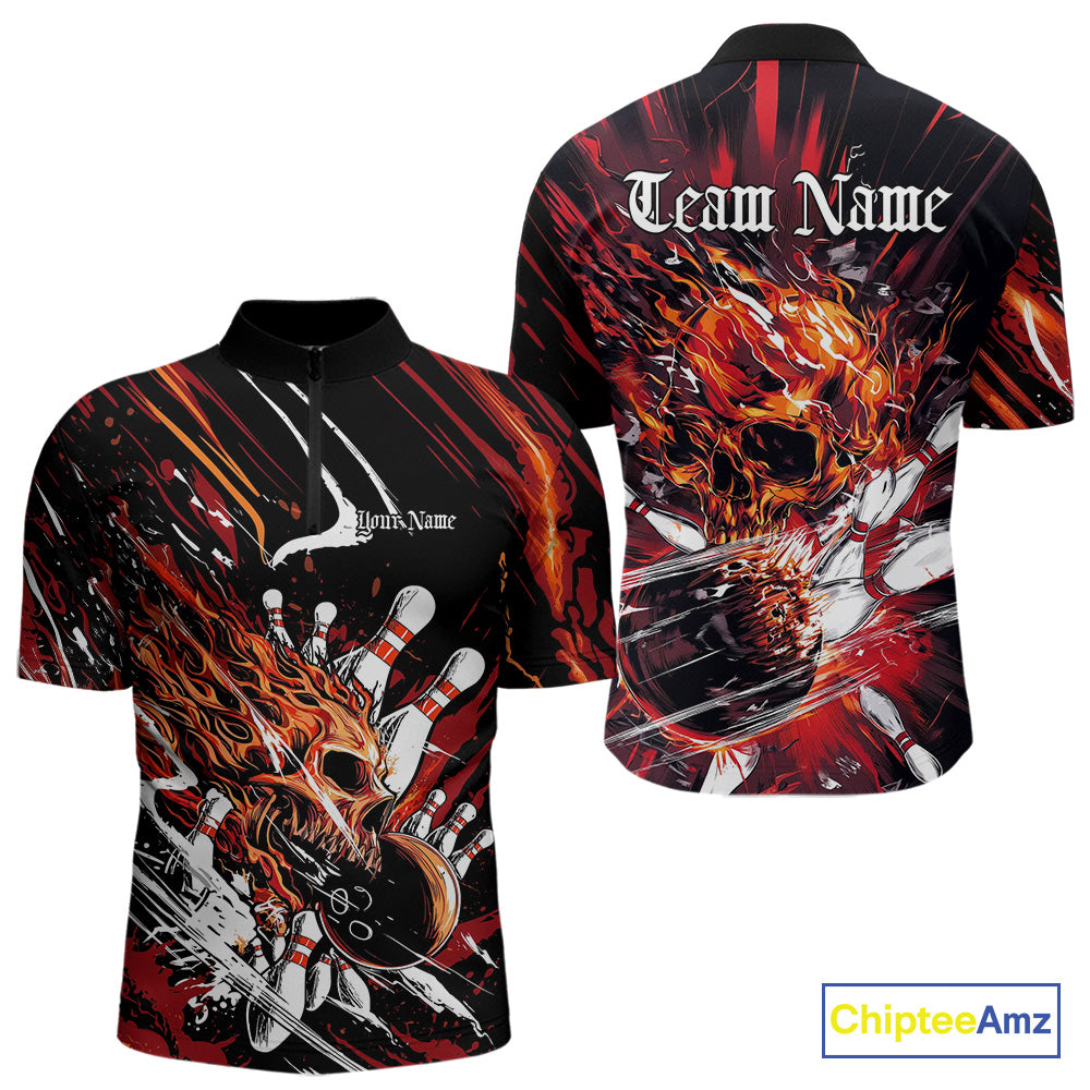 Custom Flame Skull Bowling Team Men Quarter-Zip Shirts, Fire Halloween Bowler Outfit Uniform IPHW9583