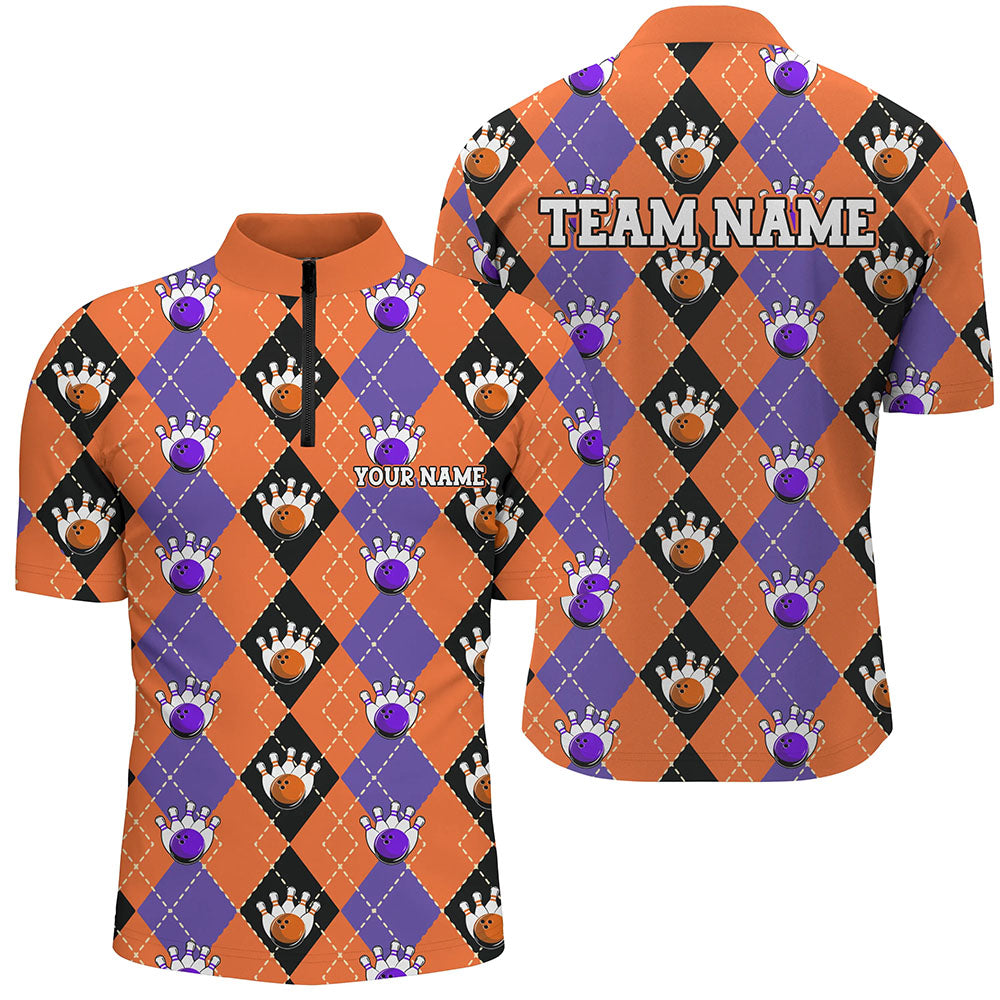 Purple And Orange Argyle Custom Bowling Shirts For Men, Fall Season Halloween Bowlers Outfits IPHW7296