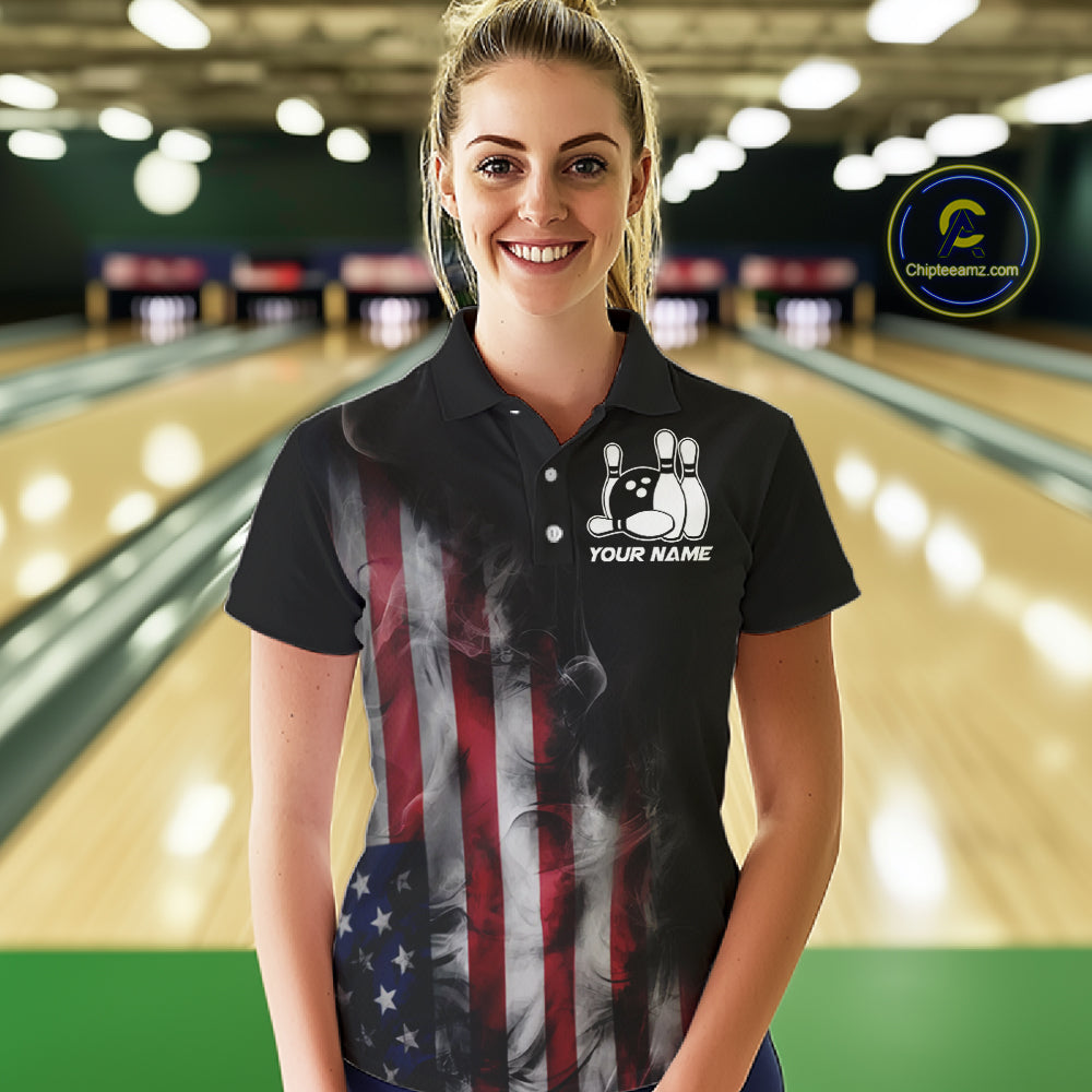 Smoke American Flag Custom Patriotic Bowling Shirts For Women, US Bowling Team Shirt Bowlers IPHW7585