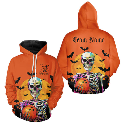 Custom Funny Orange Halloween Bowling Hoodie Shirts For Men And Women, Skull Bowling Team Shirt  IPHW7598