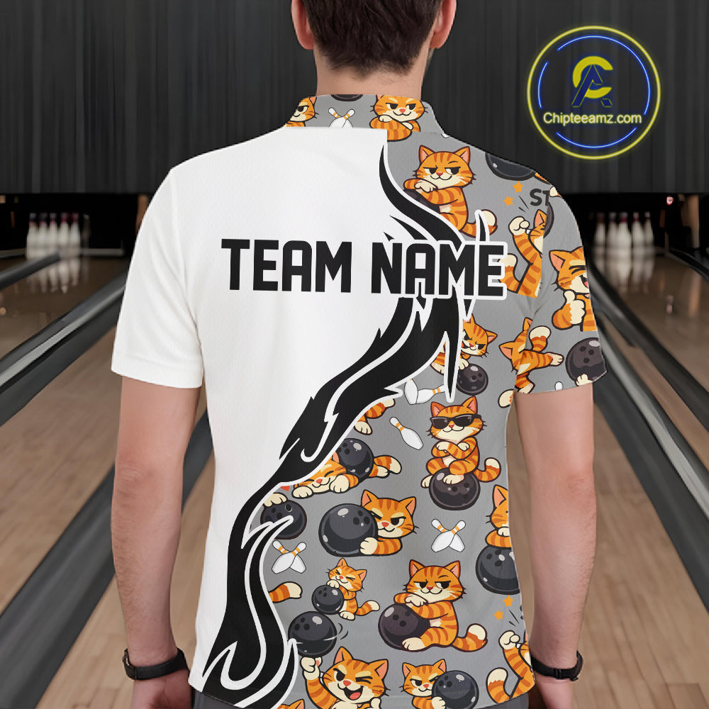 Custom Cute Funny Ginger Tabby Cat Bowling Men Polo Shirts, Cat Bowling Team Shirt IPHW10316