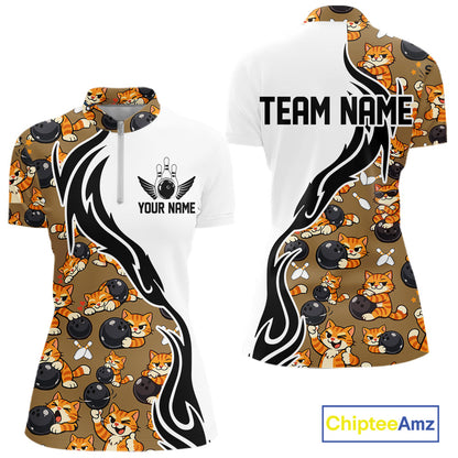 Custom Cute Funny Ginger Tabby Cat Bowling Women Quarter-Zip Shirts, Bowling Team Shirt IPHW10317