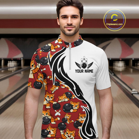 Custom Cute Funny Ginger Tabby Cat Bowling Men Quarter-Zip Shirts, Cat Bowling Team Shirt IPHW10318