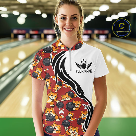 Custom Cute Funny Ginger Tabby Cat Bowling Women Quarter-Zip Shirts, Bowling Team Shirt IPHW10318