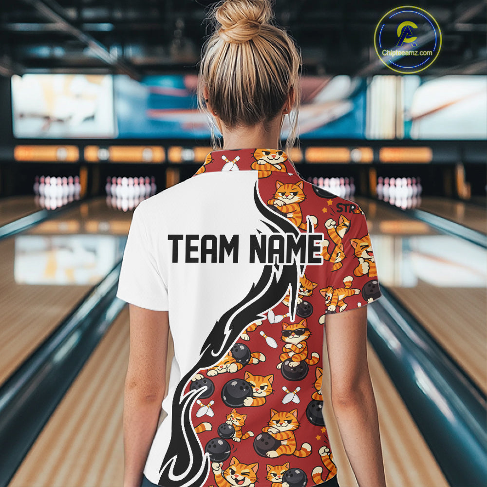 Custom Cute Funny Ginger Tabby Cat Bowling Women Quarter-Zip Shirts, Bowling Team Shirt IPHW10318