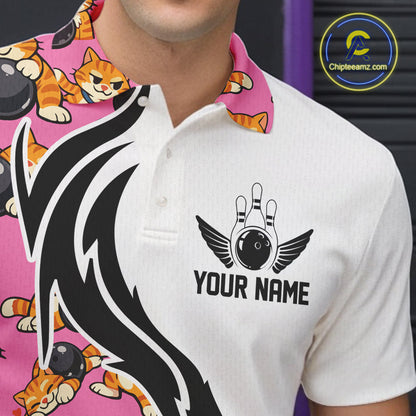 Custom Cute Funny Ginger Tabby Cat Bowling Men Polo Shirts, Cat Bowling Team Shirt IPHW10319