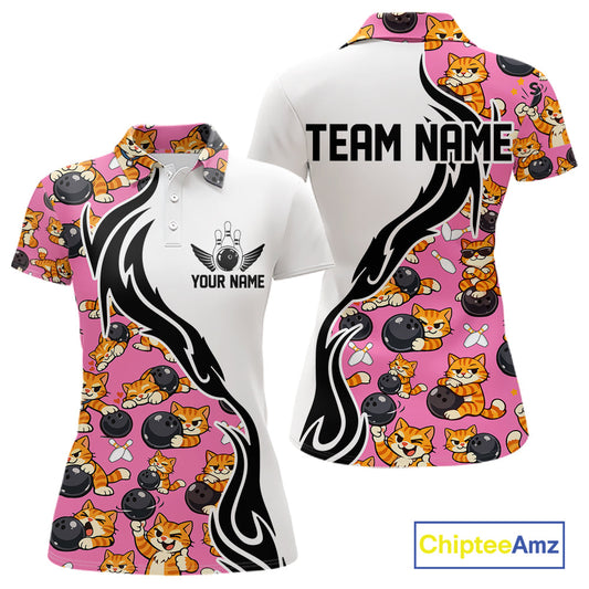 Custom Cute Funny Ginger Tabby Cat Bowling Women Polo Shirts, Cat Bowling Team Shirt IPHW10319
