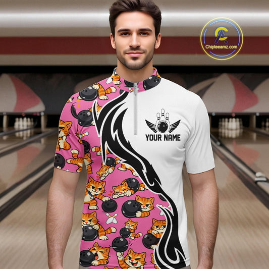 Custom Cute Funny Ginger Tabby Cat Bowling Men Quarter-Zip Shirts, Cat Bowling Team Shirt IPHW10319