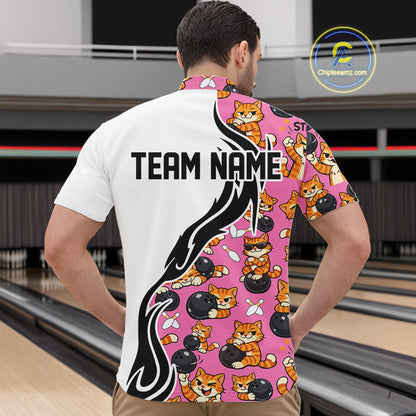 Custom Cute Funny Ginger Tabby Cat Bowling Men Quarter-Zip Shirts, Cat Bowling Team Shirt IPHW10319