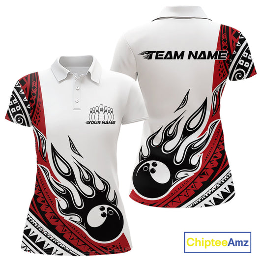 Custom Red Tribal Polynesian Pattern Women Bowling Team Shirt, Maori Style Bowling Outfit IPHW10326