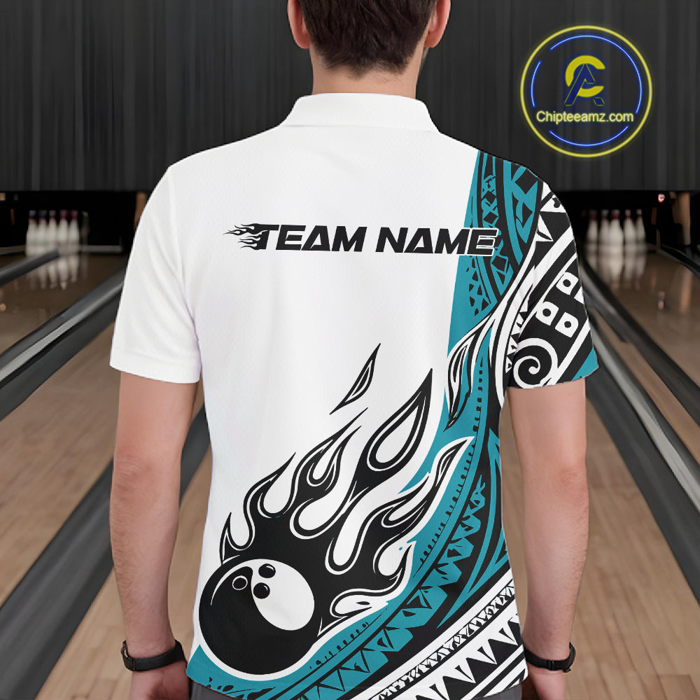 Custom Blue Tribal Polynesian Pattern Men Bowling Team Shirt, Maori Style Bowling Outfit IPHW10327