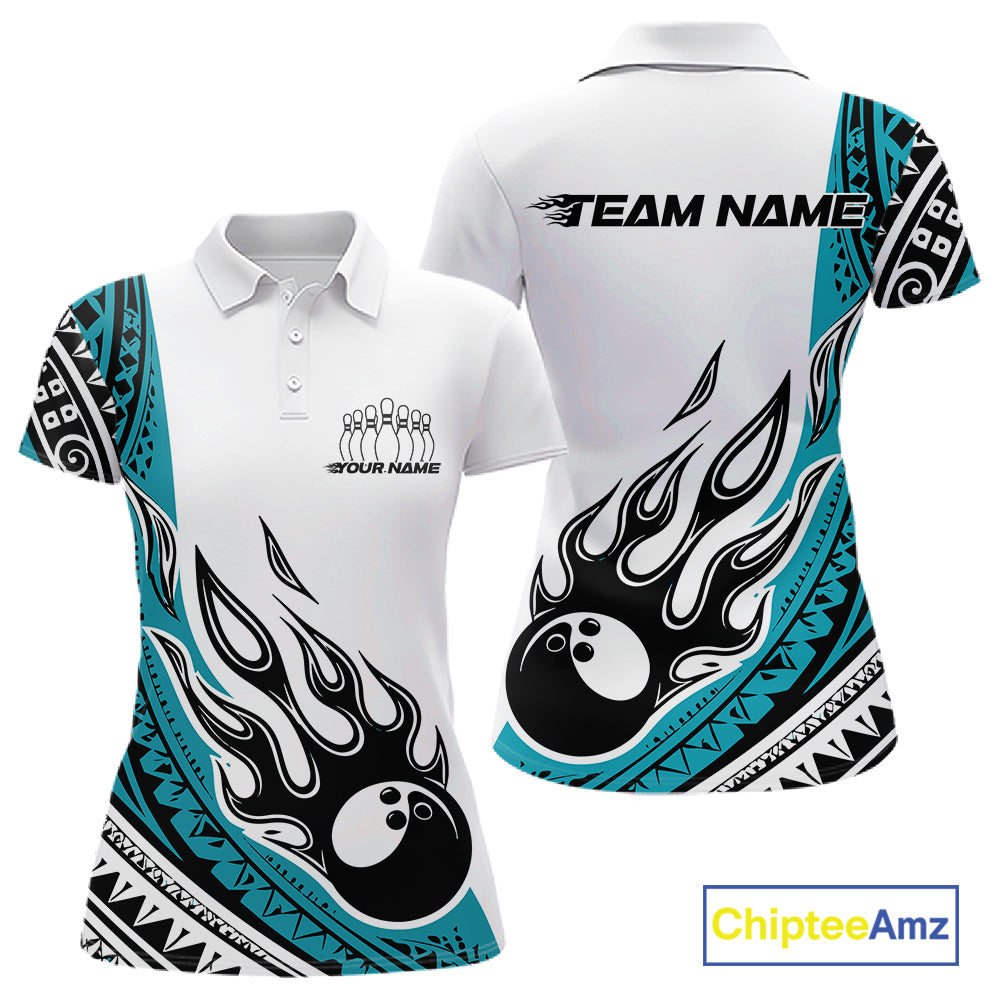 Custom Blue Tribal Polynesian Pattern Women Bowling Team Shirt, Maori Style Bowling Outfit IPHW10327