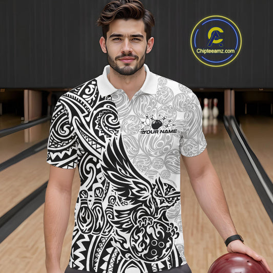 Custom Black And White Tribal Tattoo Pattern Polynesian Owl Bowling Men Polo Shirts IPHW10333