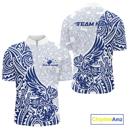 Custom Blue Tribal Tattoo Pattern Polynesian Owl Bowling Men Quarter-Zip Shirts IPHW10334