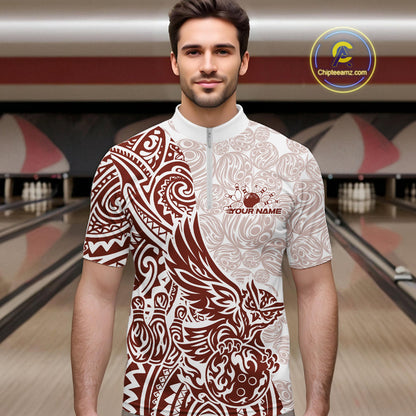 Custom Red Brown Tribal Tattoo Pattern Polynesian Owl Bowling Men Quarter-Zip Shirts IPHW10335