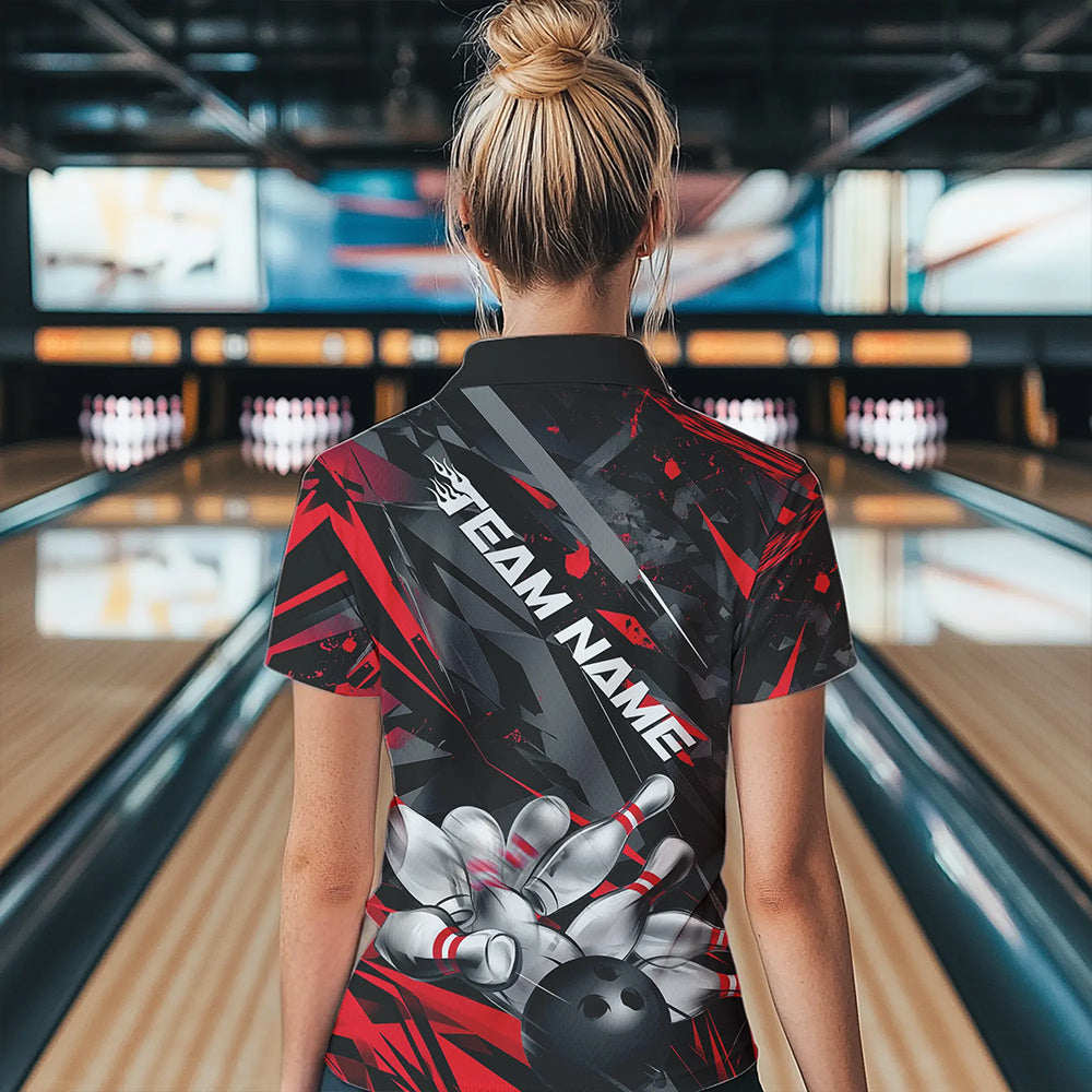 Custom Black And Red Bowling Polo Shirts For Women, Bowling Tournament Team Uniform IPHW8527