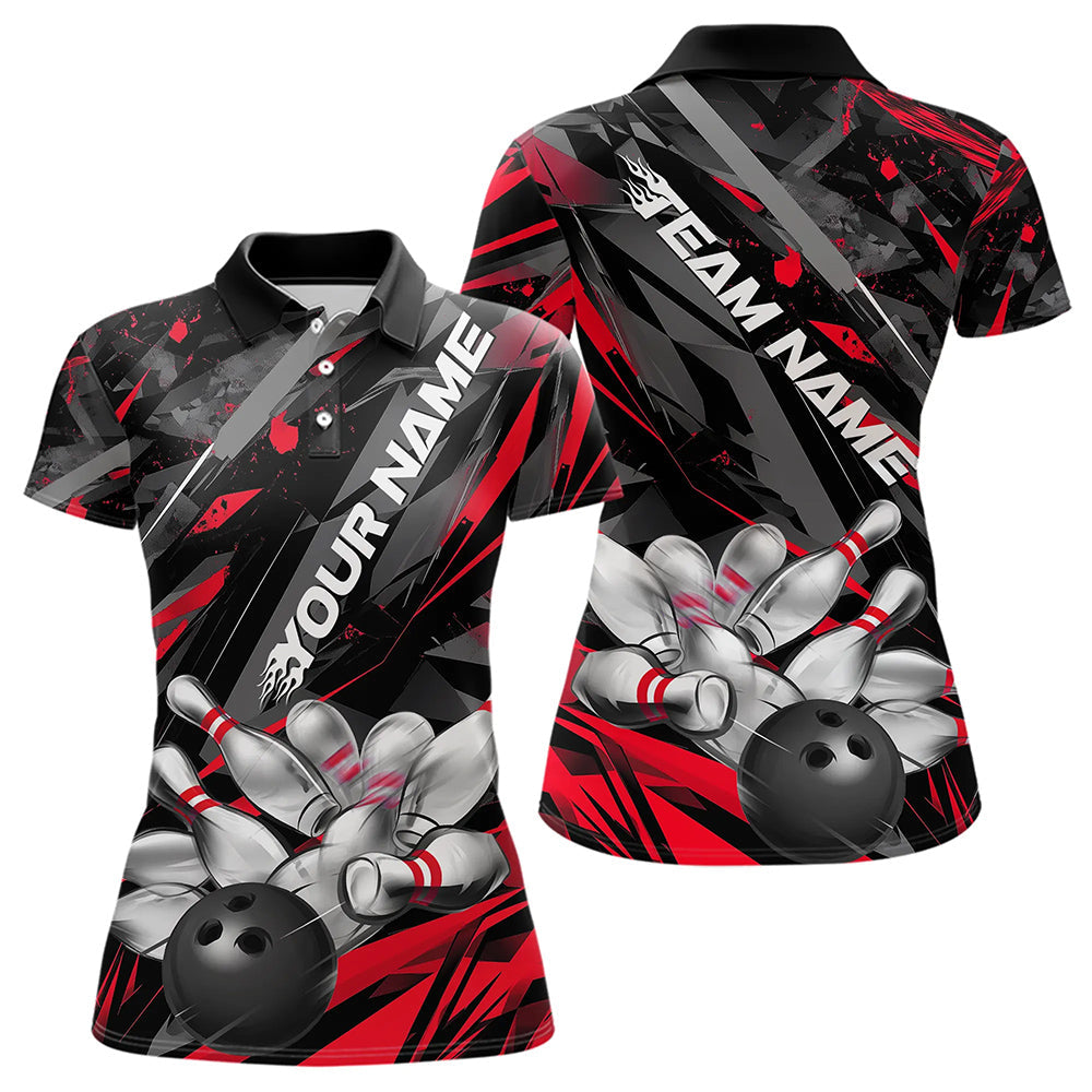 Custom Black And Red Bowling Polo Shirts For Women, Bowling Tournament Team Uniform IPHW8527