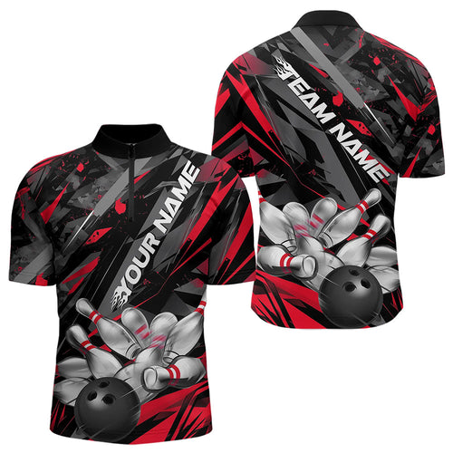 Custom Black And Red Bowling Quarter-Zip Shirts For Men, Bowling Tournament Team Uniform IPHW8527