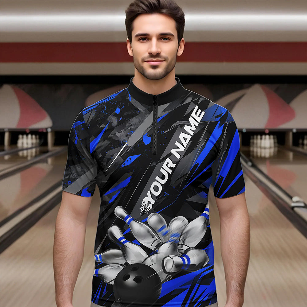 Custom Black And Blue Bowling Quarter-Zip Shirts For Men, Bowling Tournament Team Uniform IPHW8528