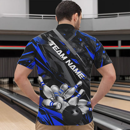 Custom Black And Blue Bowling Quarter-Zip Shirts For Men, Bowling Tournament Team Uniform IPHW8528