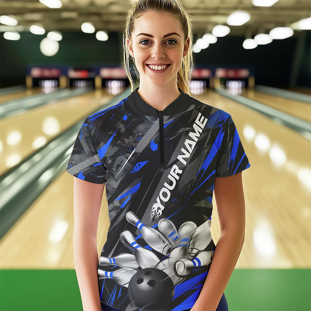 Custom Black And Blue Bowling Quarter-Zip Shirts For Women, Bowling Tournament Team Uniform IPHW8528
