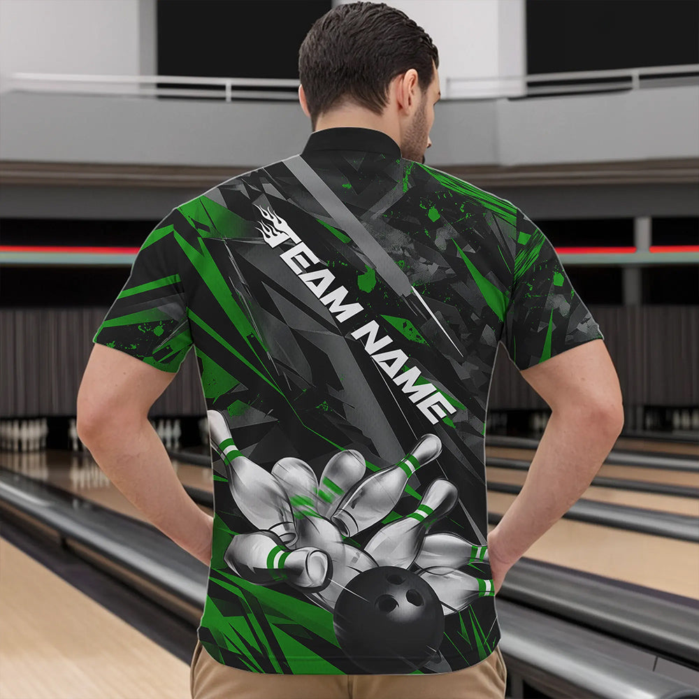 Custom Black And Green Bowling Quarter-Zip Shirts For Men, Bowling Tournament Team Uniform IPHW8529