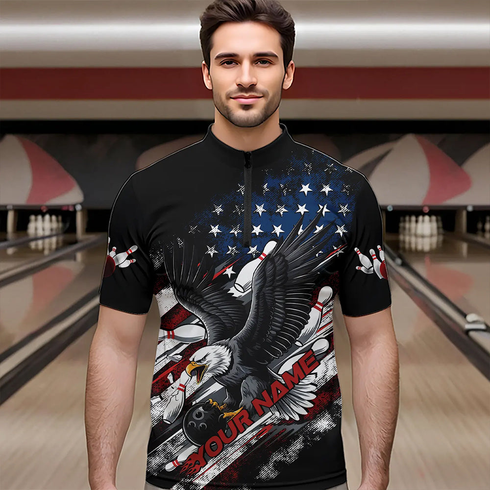 Personalized American Flag Eagle Men Bowling Quarter-Zip Shirts, Patriotic US Bowling League Shirt  IPHW8731