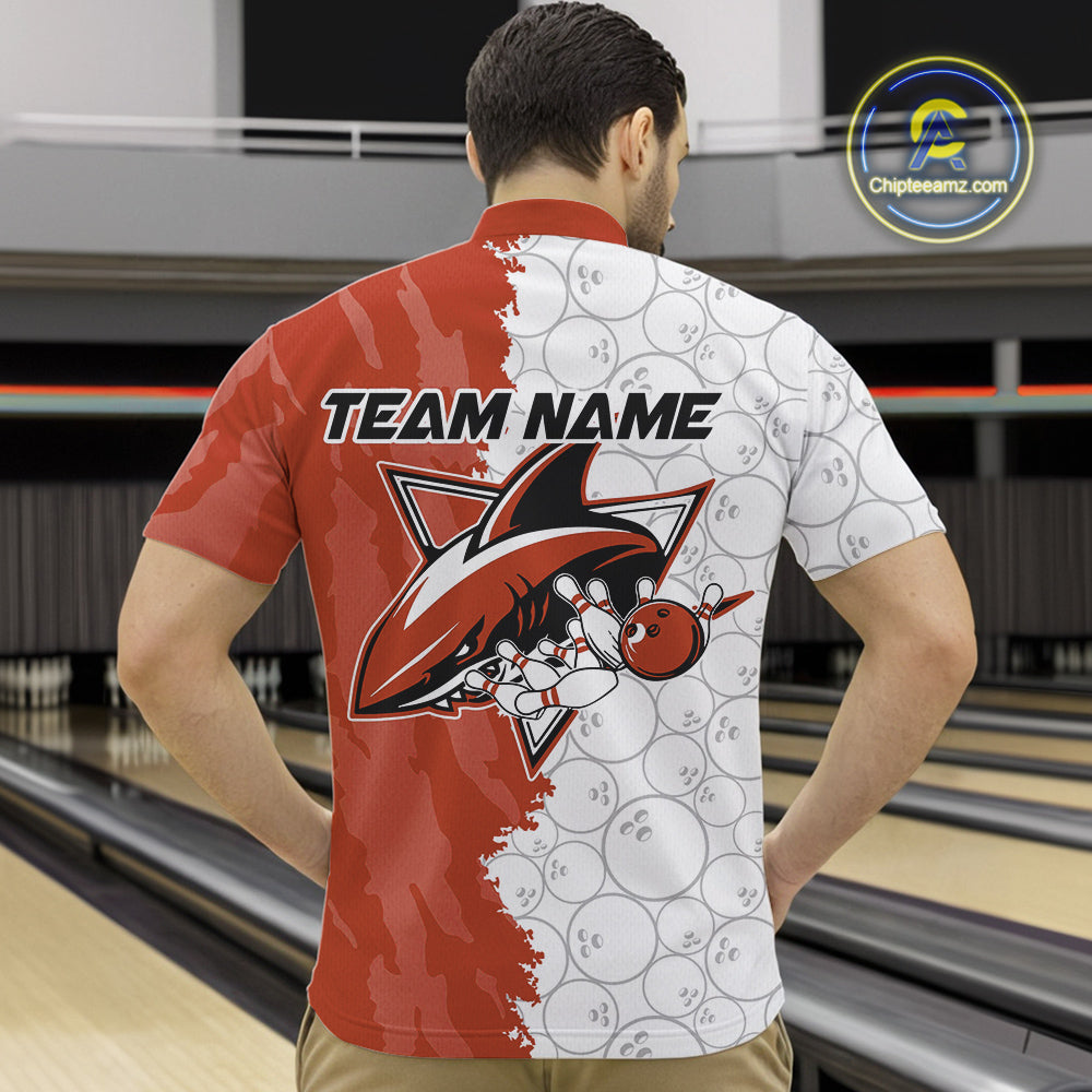 Custom White And Orange Shark Bowling Quarter-Zip Shirts For Men, Shark Bowling League Shirt IPHW8991